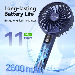 TECKNET Handheld Fan - Portable USB Rechargeable Mini Fan with LED Display, 3 Speeds, Detachable Base, Battery Operated Cooling Desk Fan for Home, Office, Outdoor & Travel - Image 3