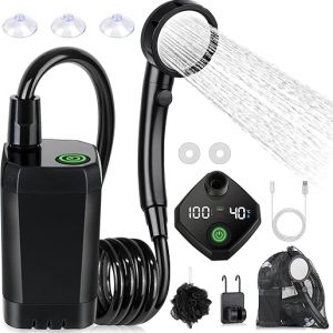 Portable Shower for Camping, 6000mAh Rechargeable Camping Shower Pump with Intelligent LED Display, 4 Spray Modes, IPX7 Waterproof Outdoor Shower Kit for Hiking, Travel, Car, Pet