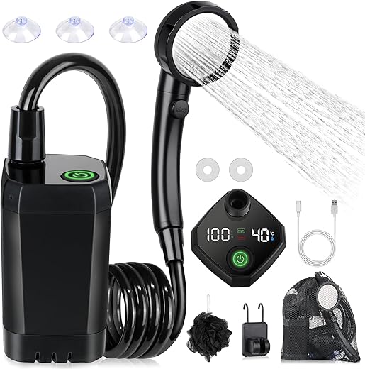 Portable Shower for Camping, 6000mAh Rechargeable Camping Shower Pump with Intelligent LED Display, 4 Spray Modes, IPX7 Waterproof Outdoor Shower Kit for Hiking, Travel, Car, Pet