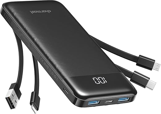 Power Bank with Built in Cables X 4, 10000mAh USB C Battery pack 6 Outputs 3 Inputs with LED Display Type C Powerbank Portable Charger Compatible with Smartphones Tablets and More
